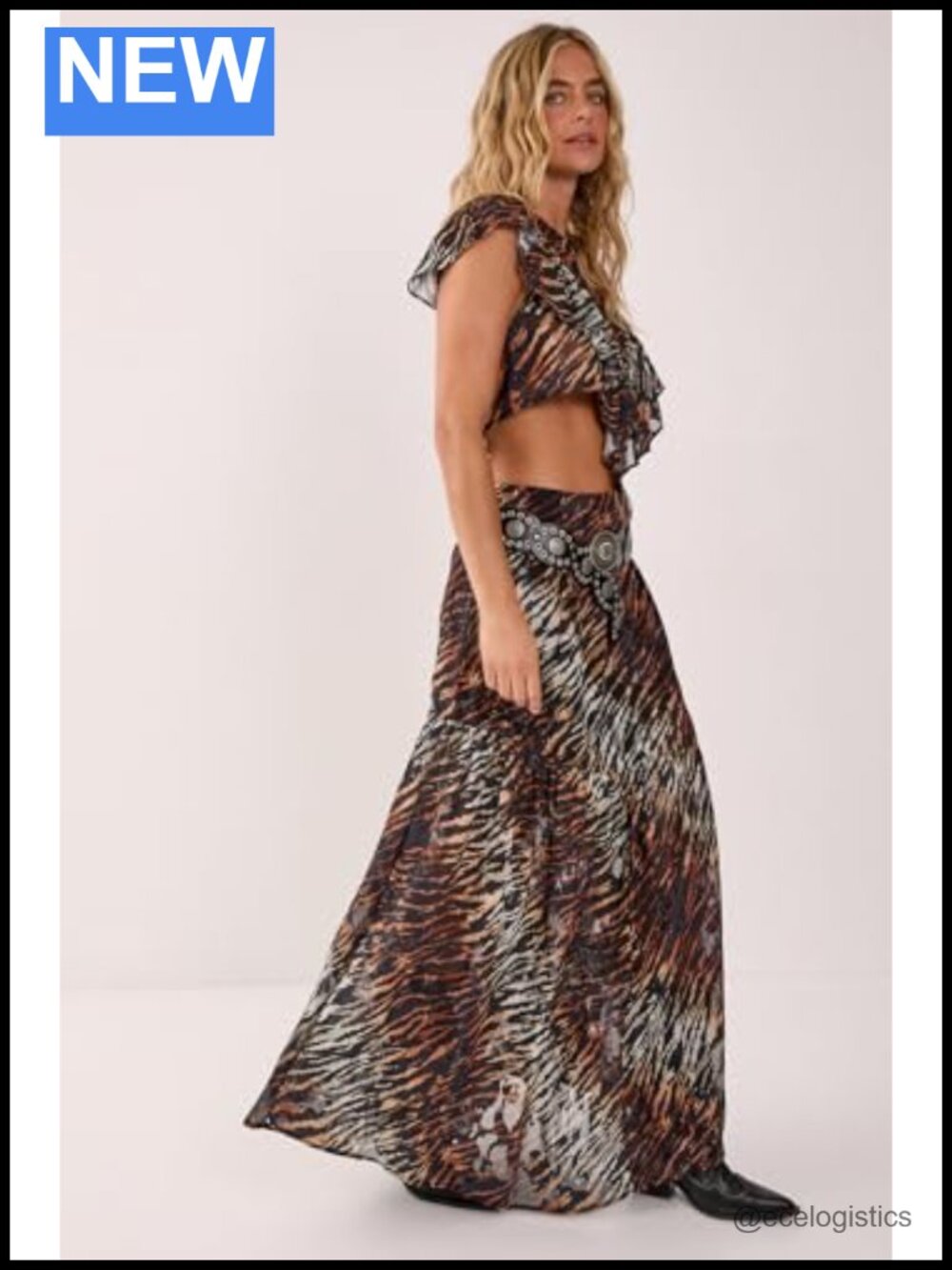 Animal Burnout Tiered Maxi Skirt Polyester High Rise - Picture 2 of 3